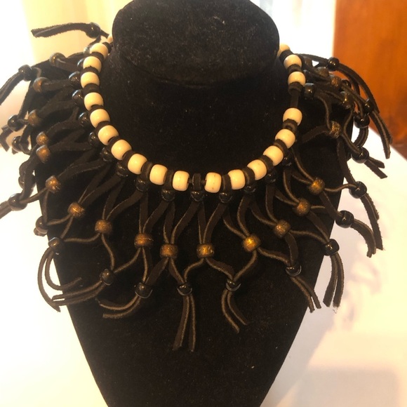 Bohemian style Black and Cream Tassel Necklace- leather and beads make this up - Picture 9 of 9